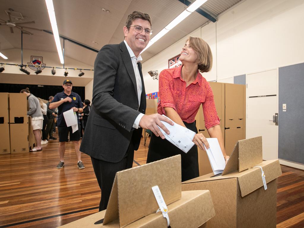 Labor Candidate Jerome Laxale and his partner Joanne voting in Denistone this morning in the Federal Election. He’s set to win Bennelong.