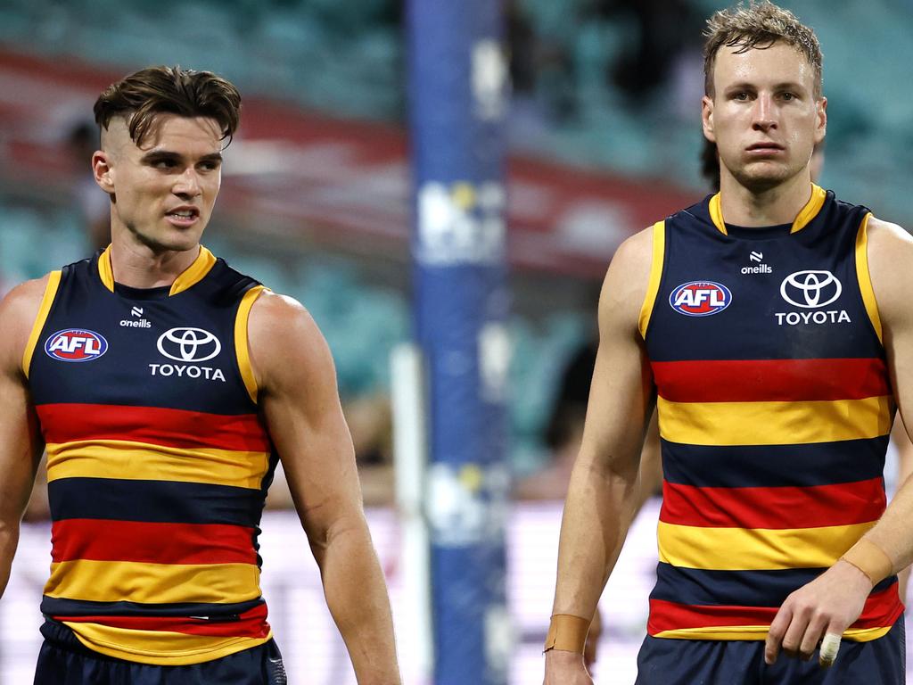 Adelaide's Jordan Dawson and Ben Keays leave the field during the AFL Round 24 match between the Sydney Swans and Adelaide Crows at the SCG on August 24, 2024. Photo by Phil Hillyard (Image Supplied for Editorial Use only – **NO ON SALES** – Â©Phil Hillyard )