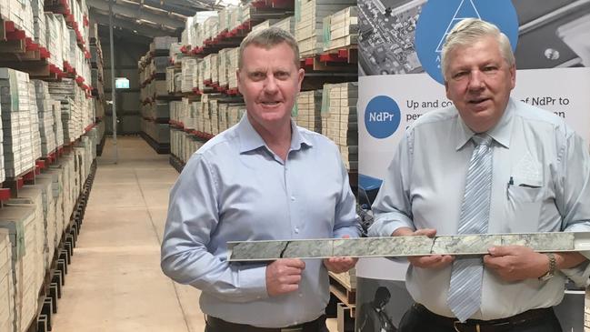 NT Resource Minister Paul Kirby and Arafura Resources Ltd general manager NT and Sustainability Brian Fowler with core samples from drilling at the proposed $1.1 billion Nolans project near Alice Springs. Picture: Gary Shipway