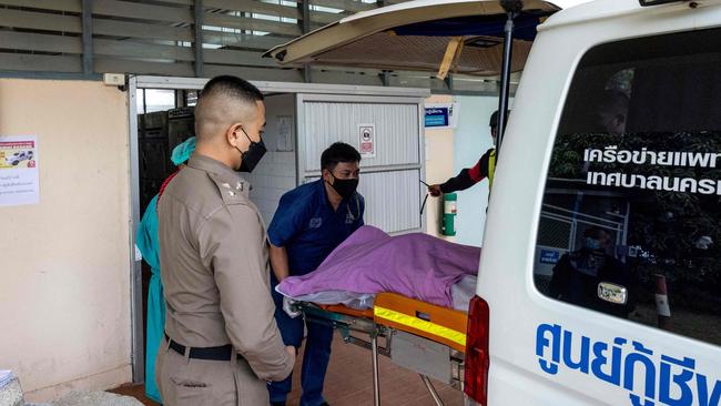 Shane Warne’s body is moved from Koh Samui Hospital mortuary on Sunday. Picture: AFP