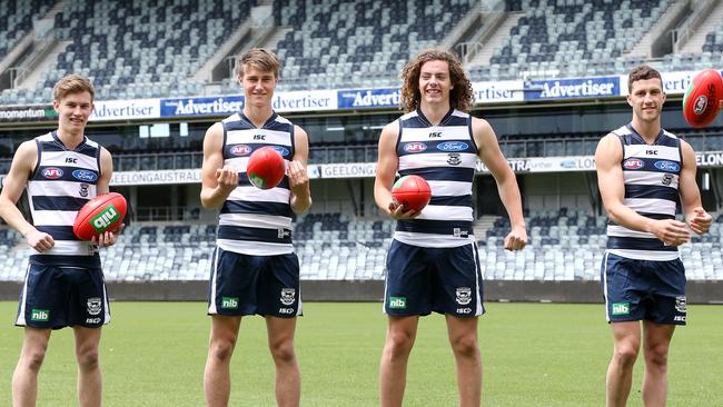 Geelong’s 2015 draft crop of Matthew Hayball, Ryan Gardner, Wylie Buzza and Sam Menegola. Picture: Peter Ristevski