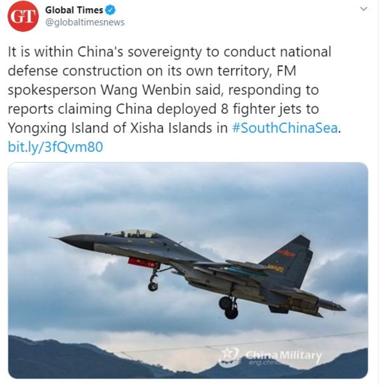 Global Times tweet about China deploying fighter jets. Picture: Twitter.