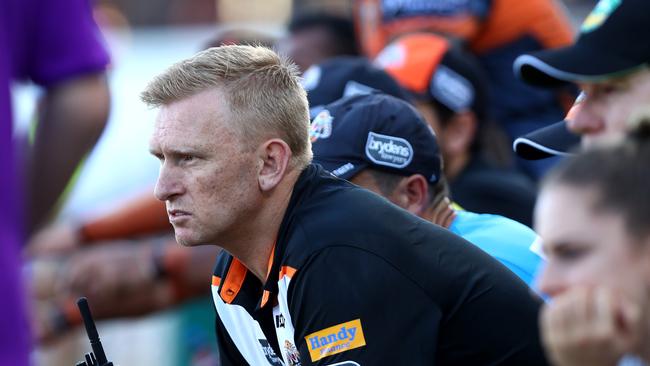 Tigers coach Andrew Webster during the round 4 NRL game between the Wests Tigers and the Melbourne Storm at Leichhardt Oval, Leichhardt. Picture: Gregg Porteous