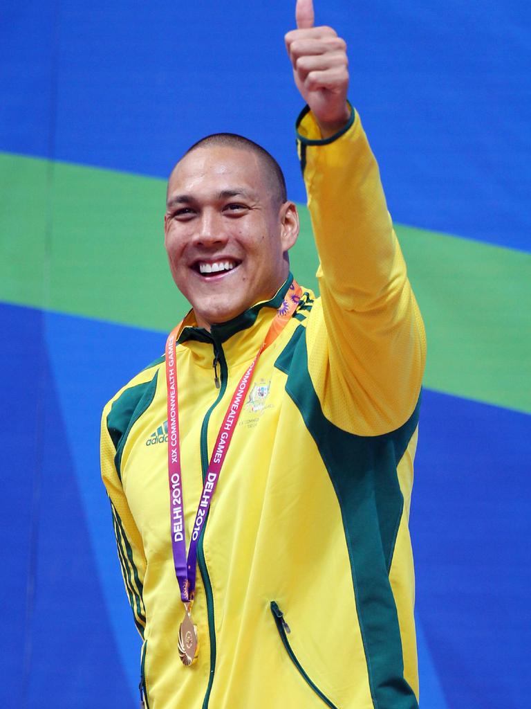 Geoff Huegill after winning gold at the 2010 Commonwealth Games in Delhi.