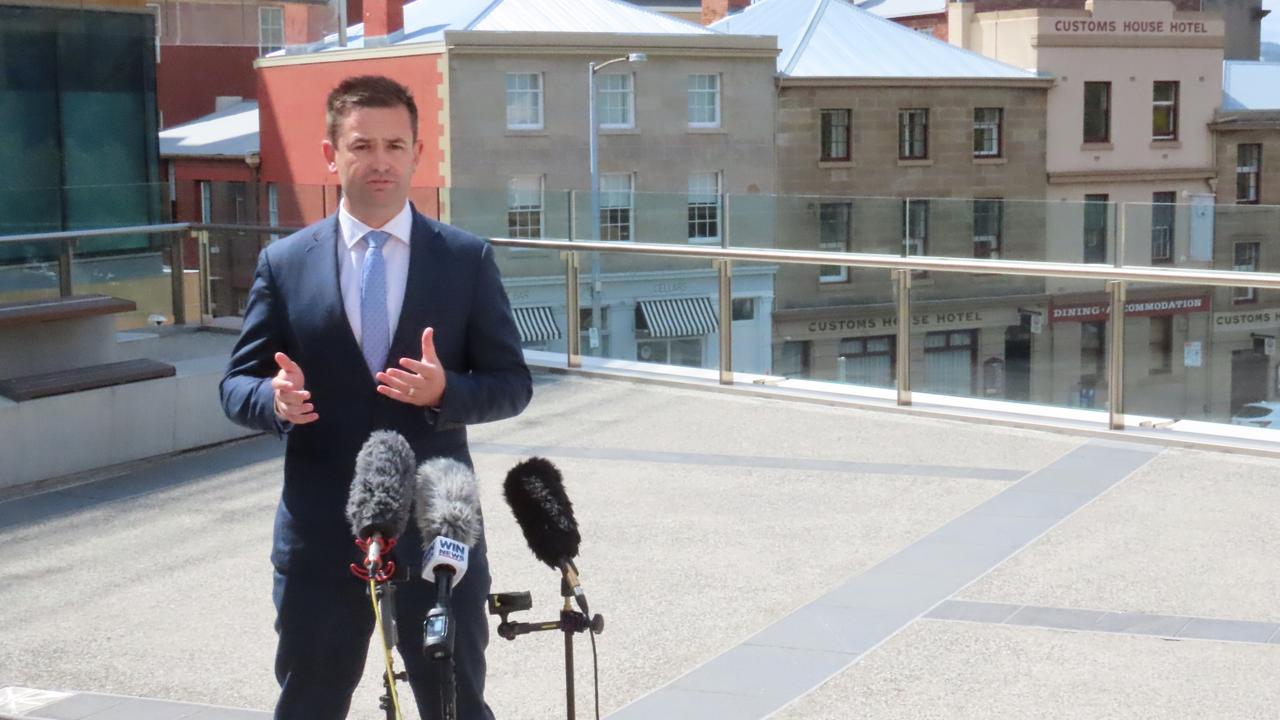 Labor leader Dean Winter speaks to the media at Parliament Square in Hobart on Wednesday, March 12, 2025.