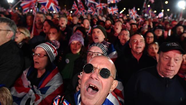 Pro Brexit supporters attend the Brexit Day Celebration Party hosted by Leave Means Leave at Parliament Square. Picture: Getty