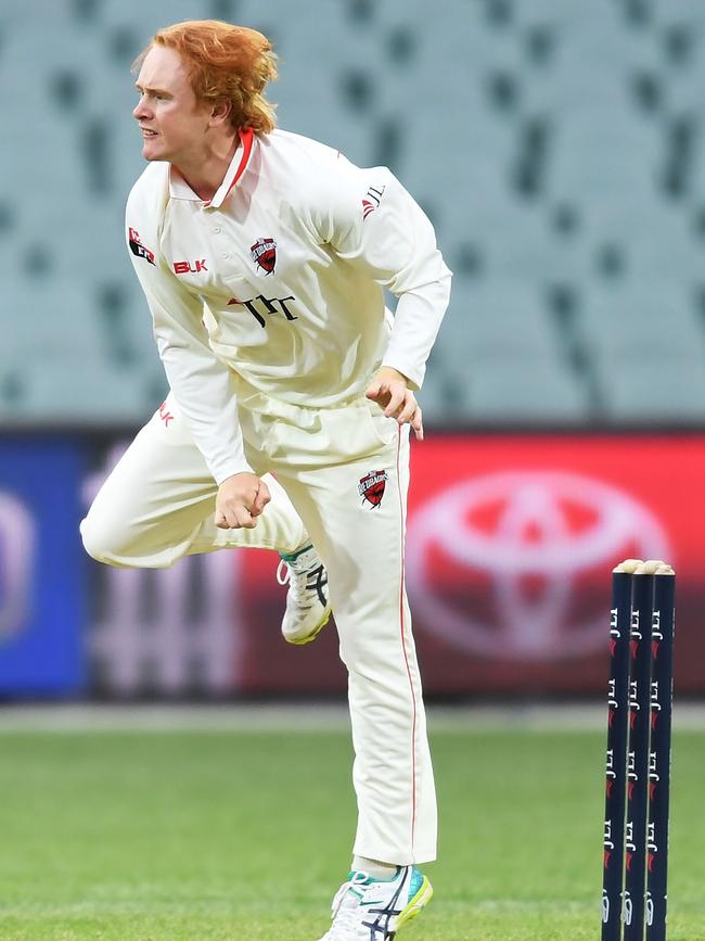 Lloyd Pope shows his style in his debut Sheffield Shield match at Adelaide Oval this week. Picture: Mark Brake/Getty Images