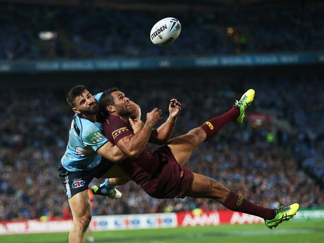 NSW Josh Mansour and Queensland's Justin O'Neill contest a bomb during Game 1 of State of Origin series NSW Blues v Queensland at ANZ Stadium, Sydney. Picture. Phil Hillyard