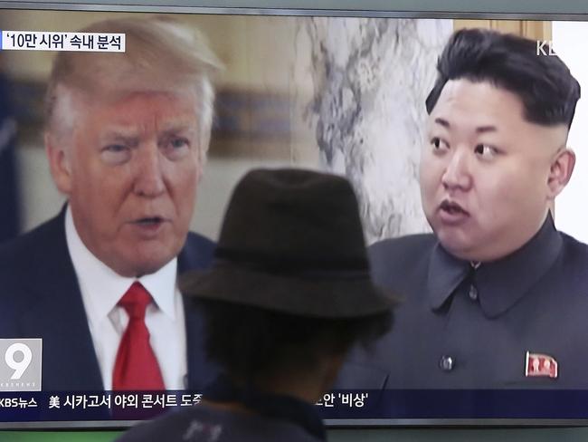 U.S. President Donald Trump and North Korean leader Kim Jong Un during a news program at the Seoul Train Station. Picture: AP