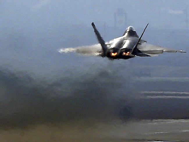 A US Air Force F-22 Raptor stealth fighter jet takes off from the runway during their military exercise at the Osan U.S. Air Base in Pyeongtaek, south of Seoul, South Korea. While invisible in the air, stealth aircraft are vulnerable on the ground. Picture: AP / Bae Jung-hyun, Yonhap