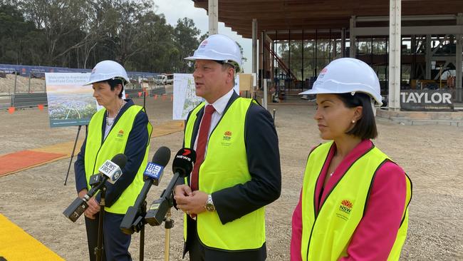 Western Parkland City Authority chair Jennifer Westacott, Planning Minister Paul Scully and Deputy Premier Prue Car at the site of the new Bradfield city centre.