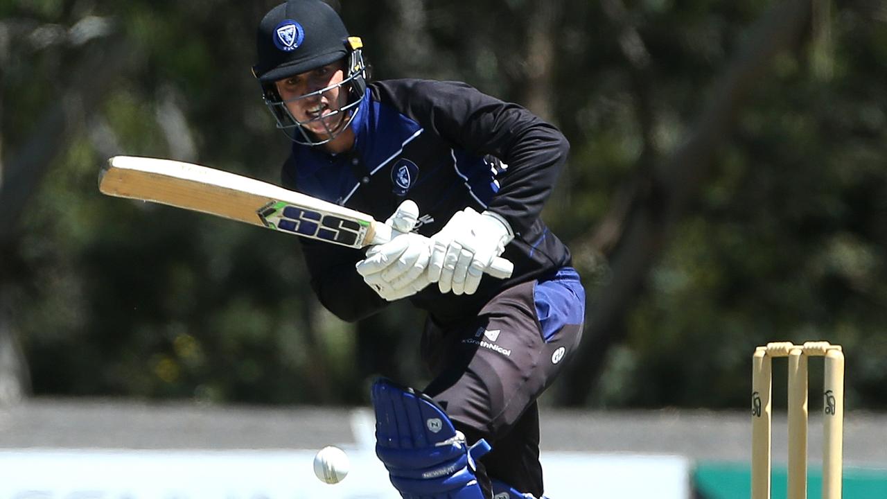 Premier - Melbourne University’s Noah Croes gets on the front foot. Picture: Hamish Blair