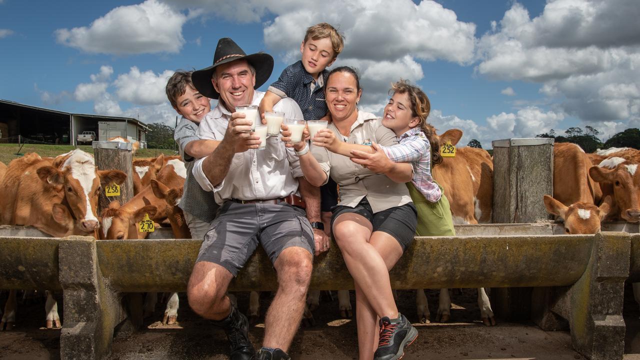 Maleny Dairies owner Ross Hopper with wife Sally and kids Rescue 12, Ruckus, 9 and Cheeky, 11. Picture: Brad Fleet