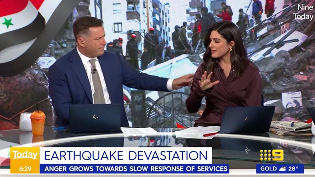 She is comforted by co-host Karl Stefanovic after breaking into tears live on air. Picture: Today