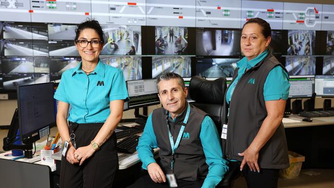 Station Controller Riva Shaheen, Chief Controller Daniel Merlino and Station Controller Nicole Radakovic, at the Metro’s OCC. Picture: Tim Hunter.