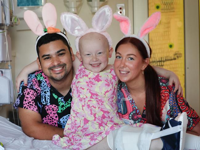 Mia Depuit, 6, with RCH nurses Nic Lebrasse and Sharnaya Bevis. Picture: David Caird