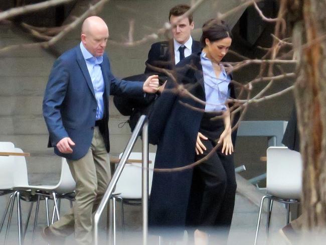 ‘Megxit’. Meghan Markle pictured leaving the Dorfman Theatre in London. Picture: BACKGRID