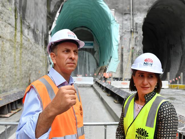 NSW Premier Gladys Berejiklian (right) and Minister for Transport Andrew Constance await Nancy’s arrival on Friday. Picture: AAP Image/Dean Lewins