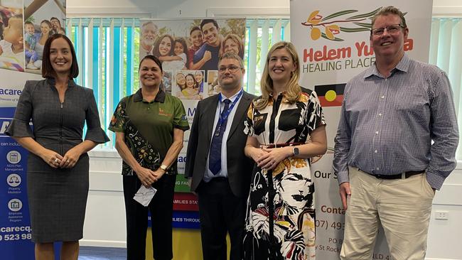 Brittany Lauga, Lynette Anderson from Helem Yumba, Robert Sims from Centacare, Attorney-General Shannon Fentiman and Barry O'Rourke announce the $7m funding to go towards domestic and family violence programs in the Centacare and Helem Yumba partnership.