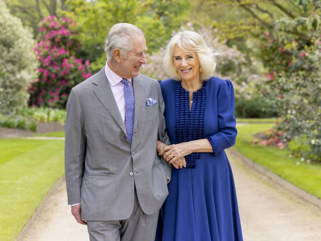 King Charles III and Queen Camilla in Buckingham Palace Gardens on April 10, the day after their 19th wedding anniversary. Picture: Handout/Millie Pilkington/Buckingham Palace via Getty Images