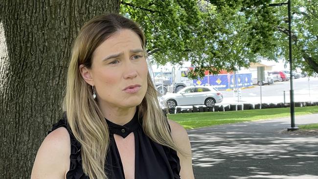 Independent Member for Clark Kristie Johnston speaks to media on TasRacing horse whipping practices at Parliament Lawns on Wednesday December 1, 2021. Picture: Annie McCann.