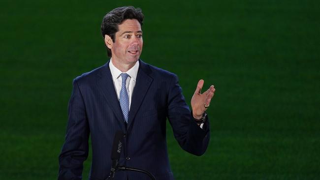 McLachlan announcing footy’s return last month. Picture: AAP