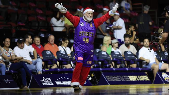 Santa Claus arrives ahead of the Christmas Day NBL clash between the Sydney Kings and Melbourne United. Picture: Getty Images