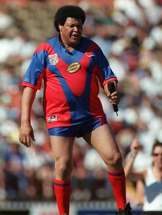 Chubby checker ... Performing in an Adelaide Rams guernsey at Adelaide Oval.