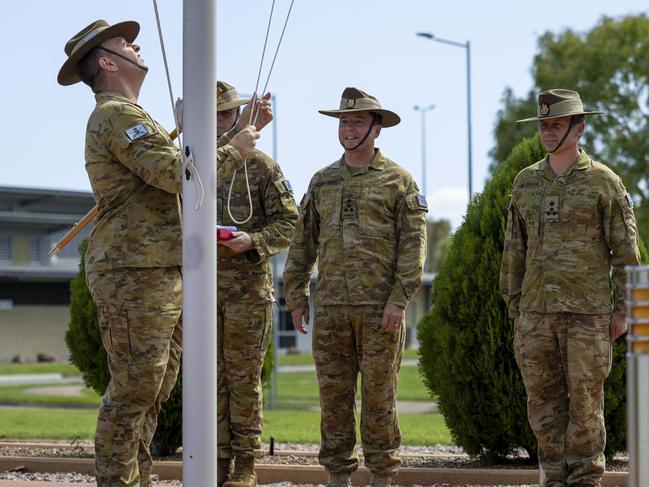 3rd Brigade Change of Command Ceremony at Lavarack Barracks. Regimental Sergeant Major of the 3rd Brigade Warrant Officer Class 2 Matt Lines lowers the old Commanders Pennant Flag at Lavarack Barracks Townsville, Queensland. Picture: Supplied