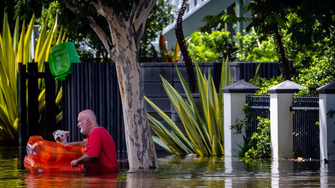 A man evacuates his dog as he wades through a flooded street in the city of Paddington in suburban Brisbane on February 28, 2022. (Photo by Patrick HAMILTON / AFP)