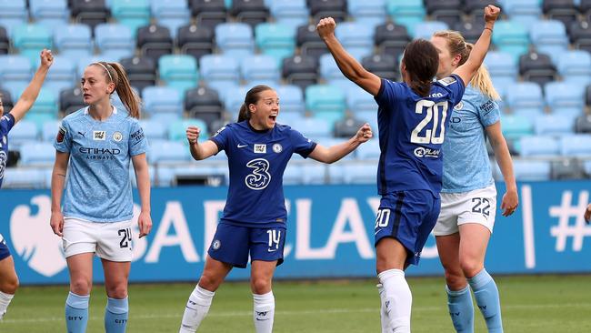 Sam Kerr has formed a lethal combination with English striker Fran Kirby (left) at Chelsea. Picture: Naomi Baker/Getty Images