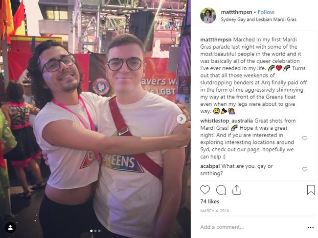 This picture was posted days after the 2018 Mardis Gras in Sydney. Picture: Instagram/@mattthmpsn