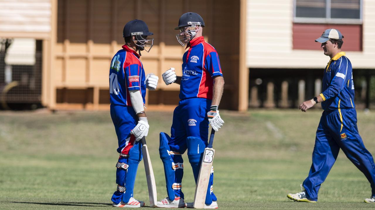 Arshdeep Singh (left) and Brendan Galvin of Highfields against University in A Grade One Day Toowoomba Cricket round 6 at UniSQ oval, Saturday, November 11, 2023. Picture: Kevin Farmer