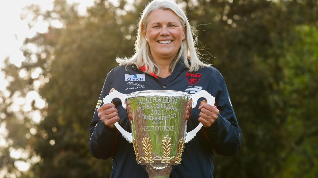 Melbourne president Kate Roffey with the 2021 premiership cup. Picture: Michael Willson/AFL Photos via Getty Images