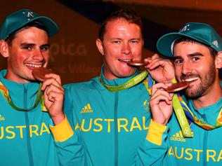 The Australian Men's Archery team of Alec Potts, Ryan Tyack and Taylor Worth return to the Athletes Village to talk about winning their Bronze medals. Pics Adam Head