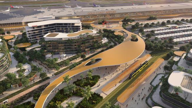 Artist impression of the Gold Coast Airport masterplan, which features new hotels, a light rail connection and retail precinct. Picture: Supplied