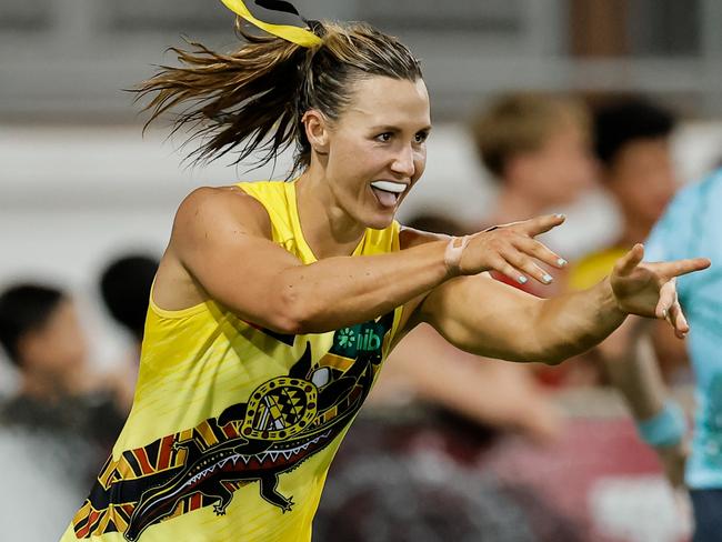 DARWIN, AUSTRALIA - OCTOBER 26: Eilish Sheerin of the Tigers celebrates a goal during the 2024 AFLW Round 09 match between the Essendon Bombers and the Richmond Tigers at TIO Stadium on October 26, 2024 in Darwin, Australia. (Photo by Dylan Burns/AFL Photos via Getty Images)