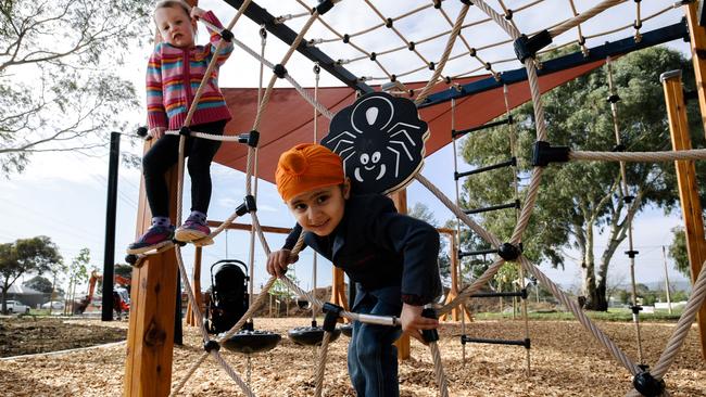 Xariah, 3, and Yuvi, 4, check out the upgraded Appleby Road Reserve in Morphettville. Picture: AAP/Morgan Sette