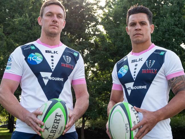 Melbourne Rebels captain Dane Haylett Petty and vice-captain Matt Toomua in the team's 2021 away jersey