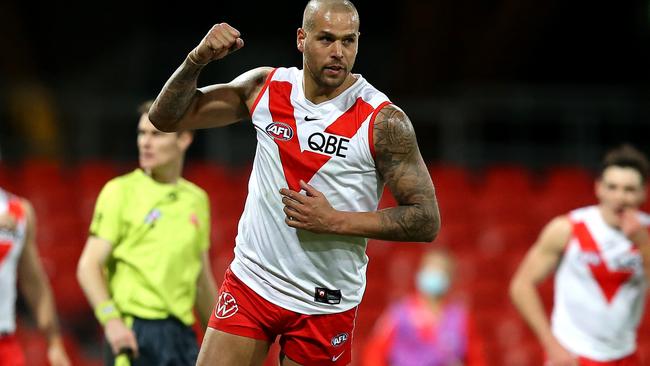 GOLD COAST, AUSTRALIA - JULY 18: Lance Franklin of the Swans celebrates a goal during the round 18 AFL match between Greater Western Sydney Giants and Sydney Swans at Metricon Stadium on July 18, 2021 in Gold Coast, Australia. (Photo by Jono Searle/AFL Photos/via Getty Images)