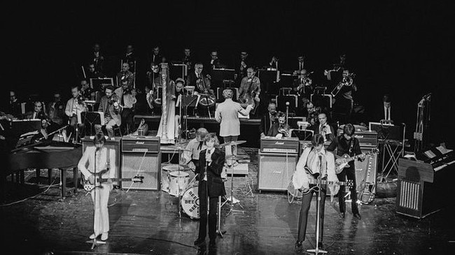 The Bee Gees at their first orchestra-backed performance at The Saville Theatre in London on November 19, 1967. Photo: Contributed