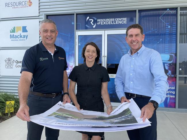 Deputy Premier Cameron Dick, Mackay candidate Belinda Hassan and Resources Centre of Excellence CEO Steve Boxall announce a $5m commitment to the centre. Photo: Fergus Gregg