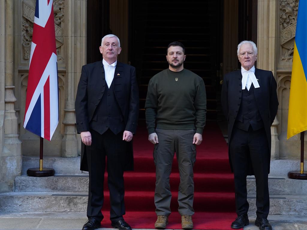 Speaker of the House of Commons, Sir Lindsay Hoyle (left), and Speaker of the House of Lords Lord McFall (right) with Ukrainian President Volodymyr Zelenskyy. Picture: Getty