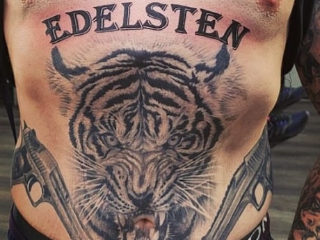 Geoffrey Edelsten's son Matthew Beard has had his father's surname inked onto his body as a tribute to his dad. Picture: Supplied