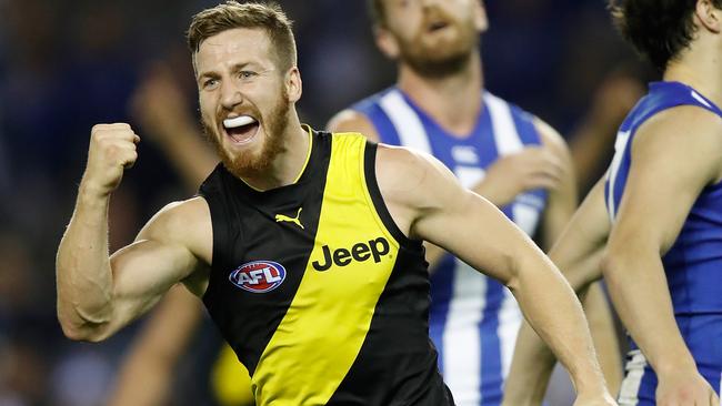 Kane Lambert celebrates a goal for Richmond this year. Picture: Getty.