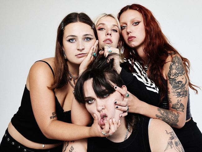 Canberra rock band Teen Jesus and the Jean Teasers, whose debut album 'I Love You' was released in October 2023. Clockwise from top left: Neve van Boxsel, Jaida Stephenson, Scarlett McKahey and Anna Ryan (bottom). Picture:  Michelle Pitiris / She Is Aphrodite