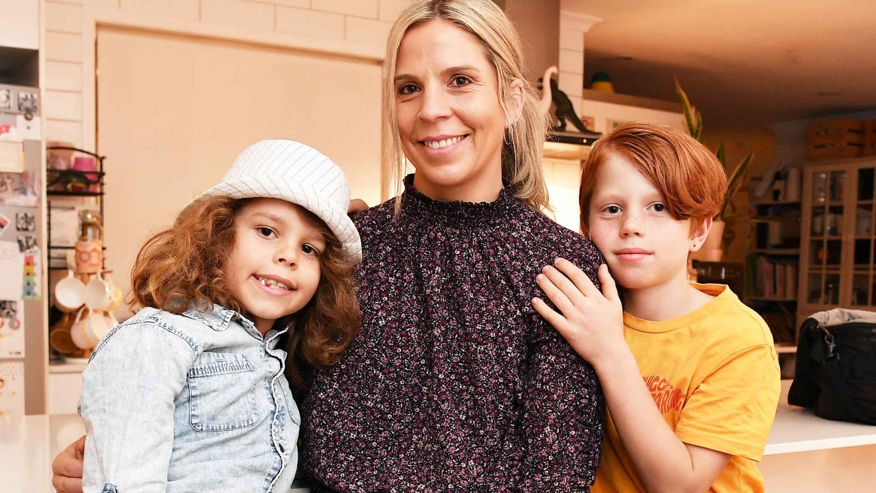 Marny Mackay, with her two boys, Finn, 9 and Cassius, 8, is helping other single parents connect and consider sharing a house because of the difficulty finding rentals in the Noosa region. Picture: Patrick Woods.