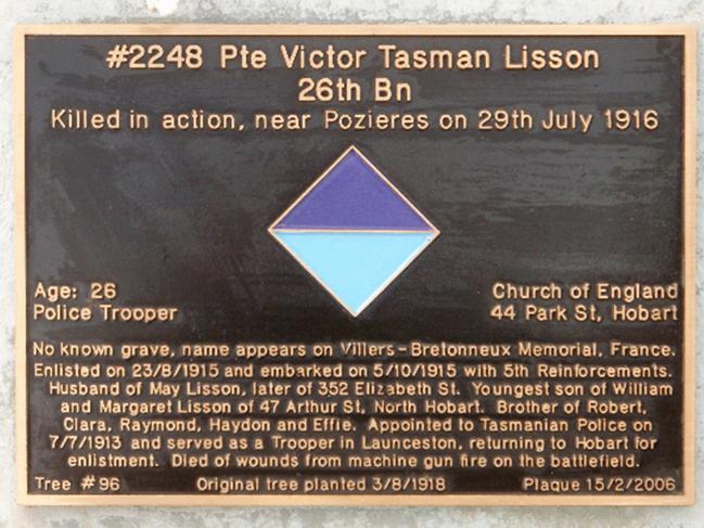 Private Victor Tasman Lisson’s plaque on the Soldiers’ Memorial Avenue.