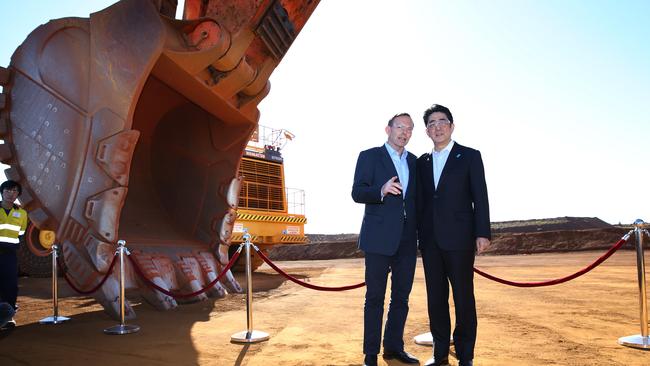 Stronger alliance ... Tony Abbott and the Japanese Prime Minister Shinzo Abe during their visit to Rio Tinto’s West Angelas iron ore mine. Picture: Gary Ramage