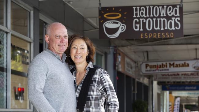 April Shen and partner Ian Bensted pose for a photograph at Hallowed Grounds. Pictured: AAP/Renae Droop